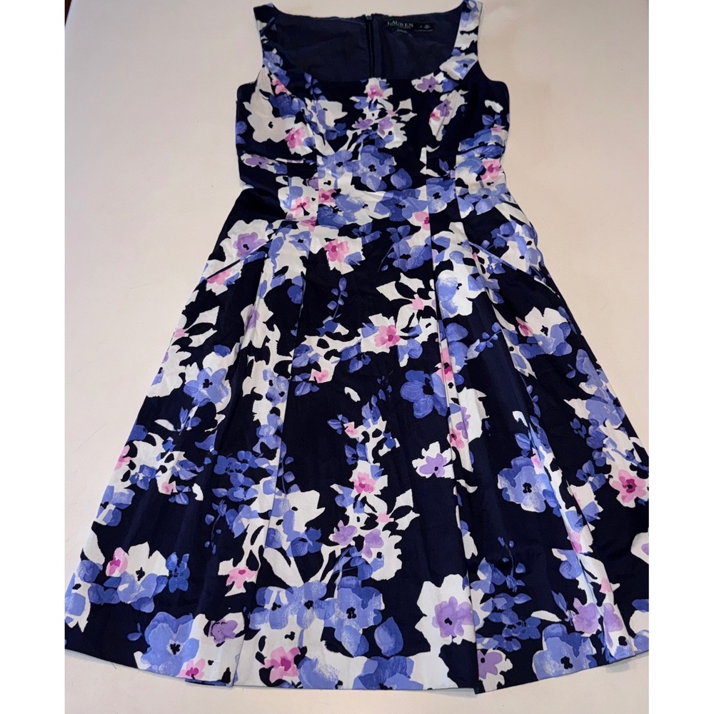 Lauren Ralph Lauren Floral Fit and Flare Dress Navy Blue Purple Pink Pockets 4